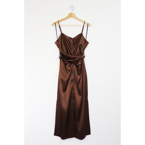 NWT Nanushka Dress Sayan Satin Spaghetti Strap Belted Wrap Tie Midi Slip Brown L - Picture 4 of 11